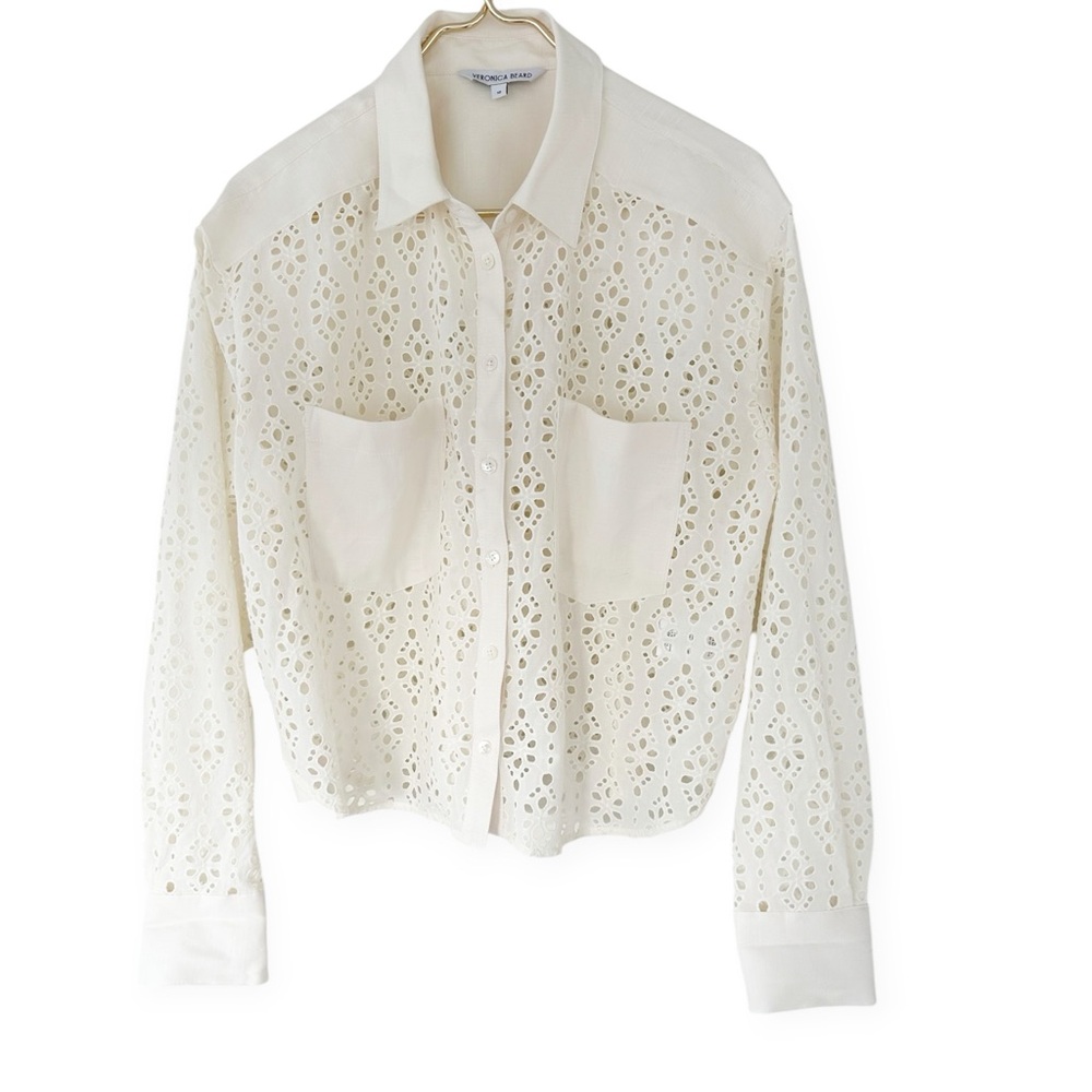 Veronica Beard White Eyelet Button-Down Shirt with Chest Pockets - Picture 8 of 14